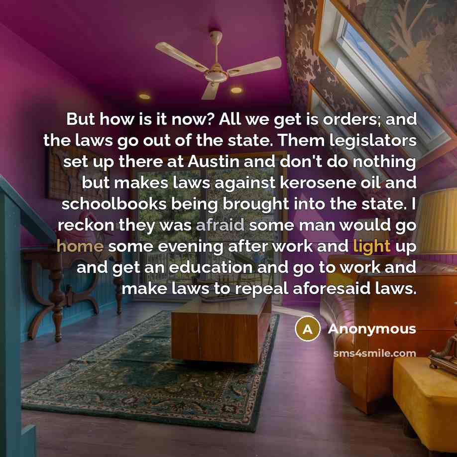 “But how is it now? All we get is orders; and the laws go out of the state. Them legislators set up there at Austin and don't do nothing but makes laws against kerosene oil and schoolbooks being brought into the state. I reckon they was afraid some man would go home some evening after work and…” quote by Anonymous