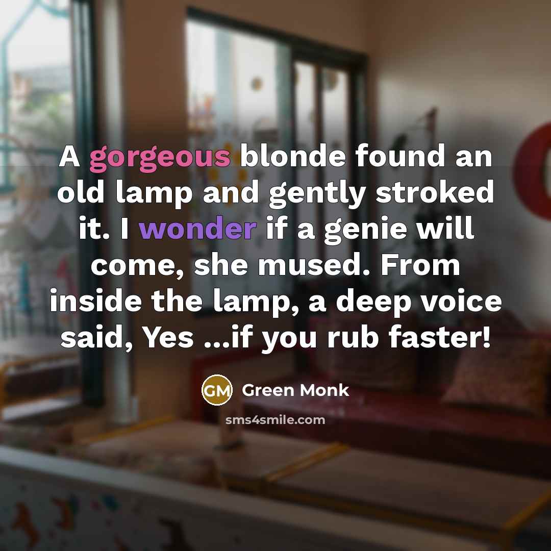 “A gorgeous blonde found an old lamp and gently stroked it. I wonder if a genie will come, she mused. From inside the lamp, a deep voice said, Yes ...if you rub faster!” quote by Green Monk