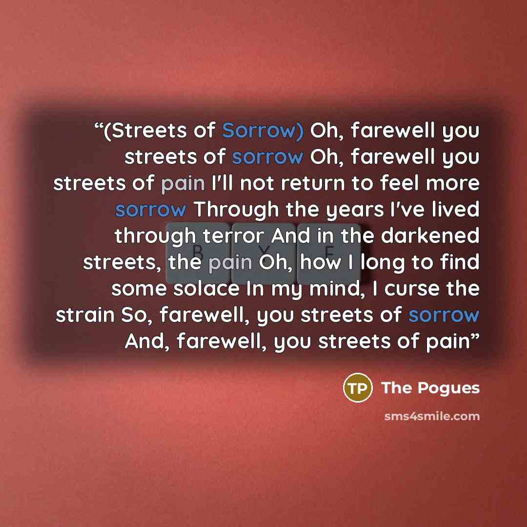 “(Streets of Sorrow) Oh, farewell you streets of sorrow Oh, farewell you streets of pain I'll not return to feel more sorrow Through the years I've lived through terror And in the darkened streets, the pain Oh, how I long to find some solace In my mind, I curse the strain So, farewell, you streets…” quote by The Pogues