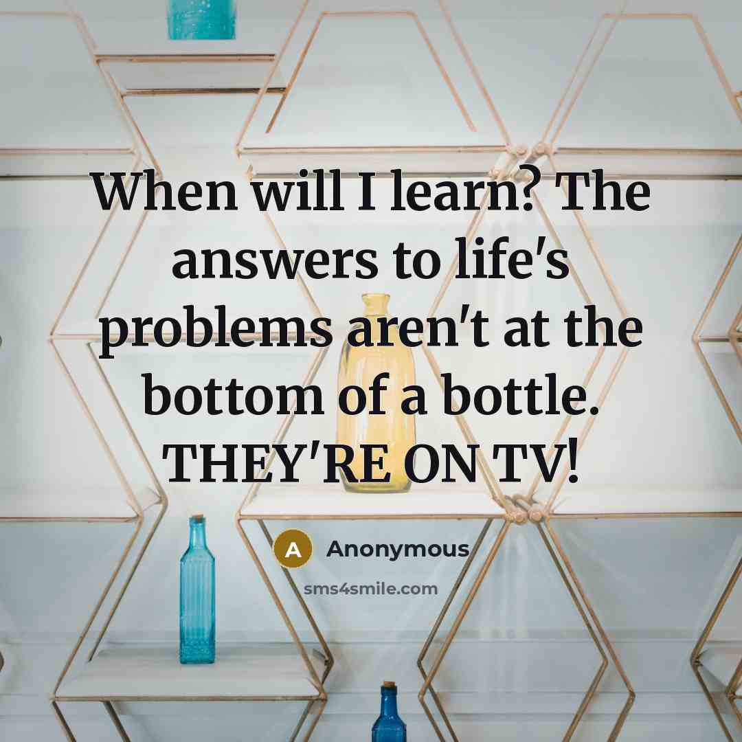 “When will I learn? The answers to life's problems aren't at the bottom of a bottle. THEY'RE ON TV!” quote by Anonymous