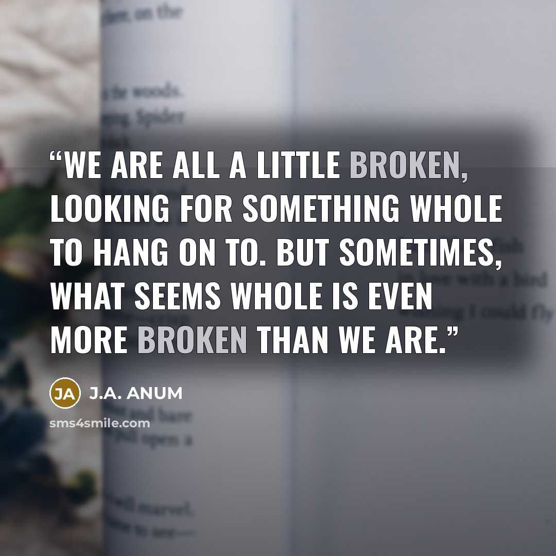 “We are all a little broken, looking for something whole to hang on to. But sometimes, what seems whole is even more broken than we are.” quote by J.A. ANUM