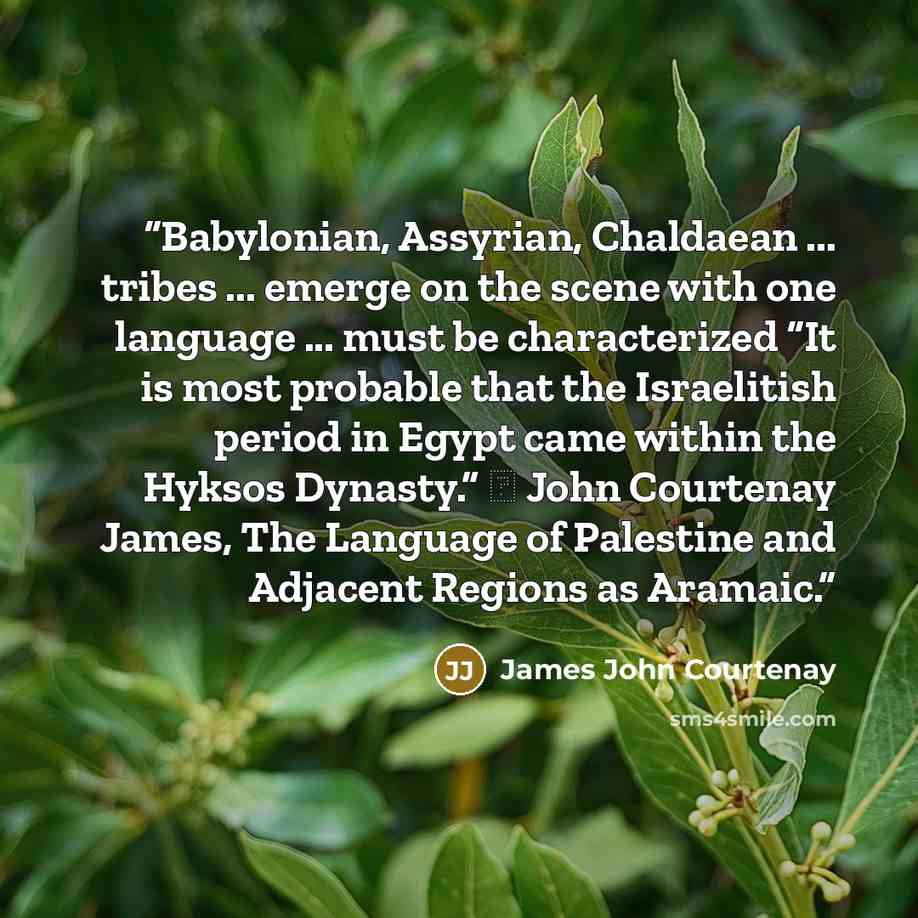 “Babylonian, Assyrian, Chaldaean ... tribes ... emerge on the scene with one language ... must be characterized “It is most probable that the Israelitish period in Egypt came within the Hyksos Dynasty.” ― John Courtenay James, The Language of Palestine and Adjacent Regions as Aramaic.” quote by James John Courtenay