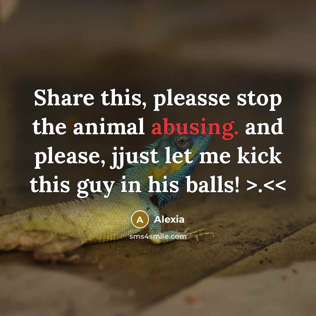 “Share this, pleasse stop the animal abusing. and please, jjust let me kick this guy in his balls! >.” quote by Alexia
