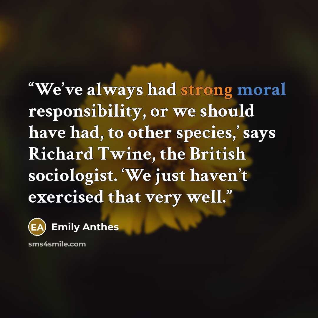 “We’ve always had strong moral responsibility, or we should have had, to other species,’ says Richard Twine, the British sociologist. ‘We just haven’t exercised that very well.” quote by Emily Anthes