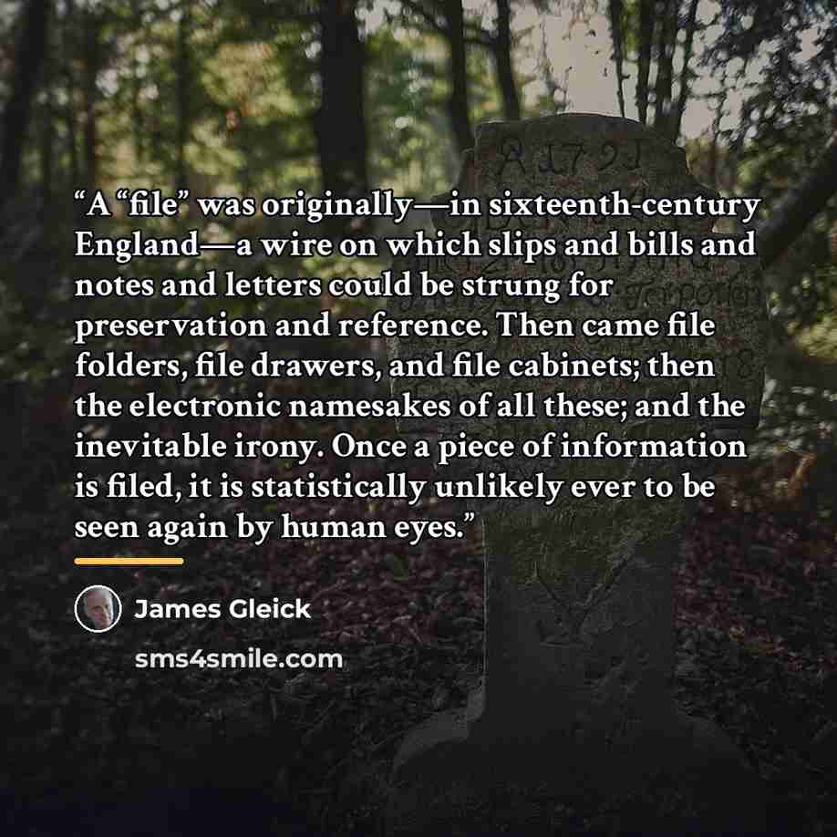 “A “file” was originally—in sixteenth-century England—a wire on which slips and bills and notes and letters could be strung for preservation and reference. Then came file folders, file drawers, and file cabinets; then the electronic namesakes of all these; and the inevitable irony. Once a piece of…” quote by James Gleick