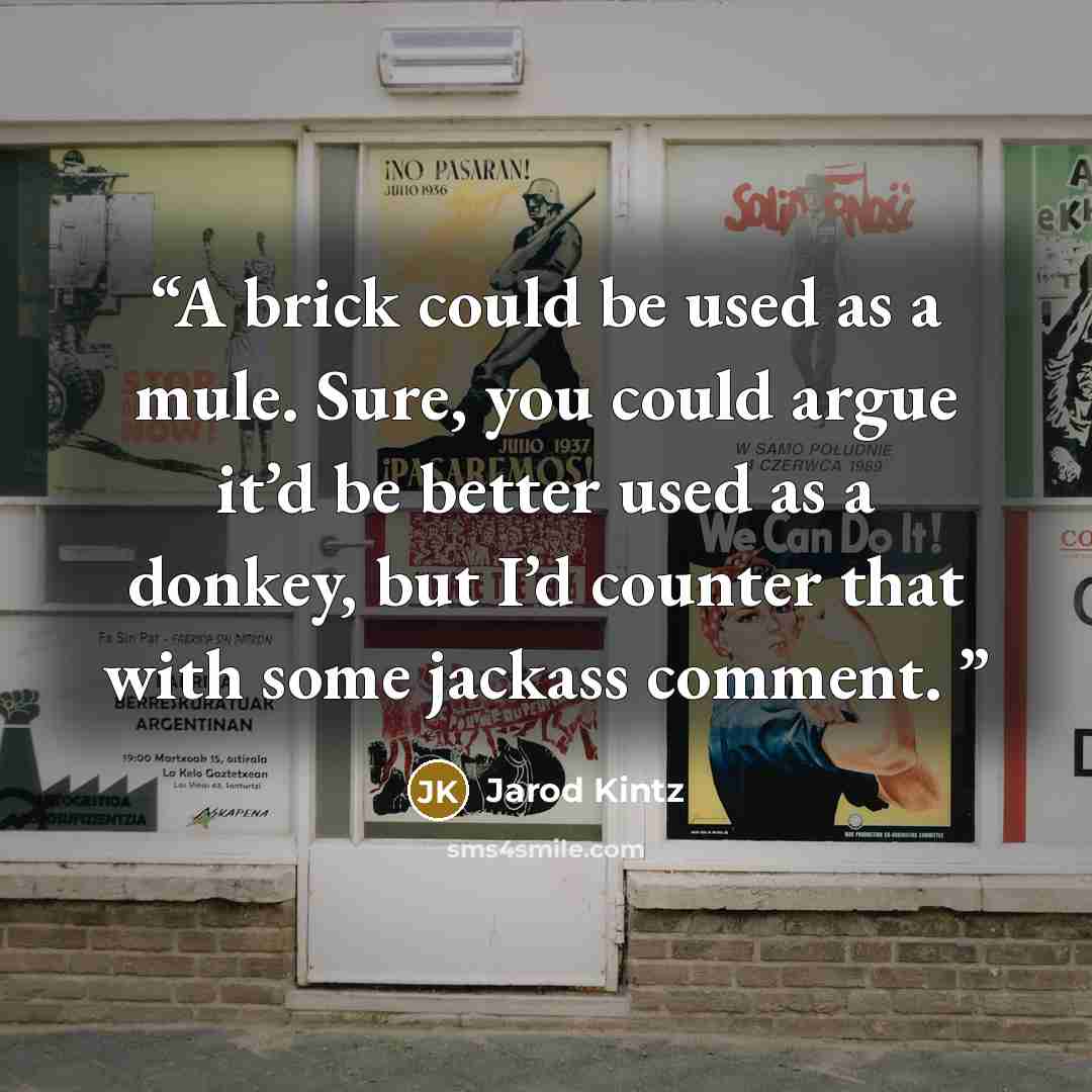 “A brick could be used as a mule. Sure, you could argue it’d be better used as a donkey, but I’d counter that with some jackass comment.” quote by Jarod Kintz