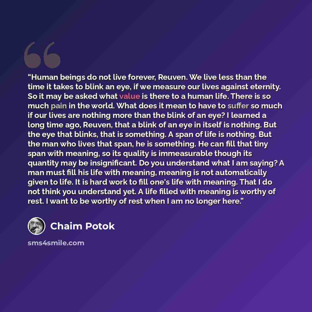 “Human beings do not live forever, Reuven. We live less than the time it takes to blink an eye, if we measure our lives against eternity. So it may be asked what value is there to a human life. There is so much pain in the world. What does it mean to have to suffer so much if our lives are nothing…” quote by Chaim Potok