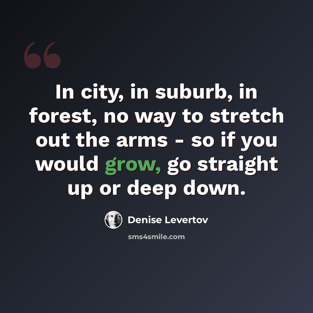 “In city, in suburb, in forest, no way to stretch out the arms - so if you would grow, go straight up or deep down.” quote by Denise Levertov