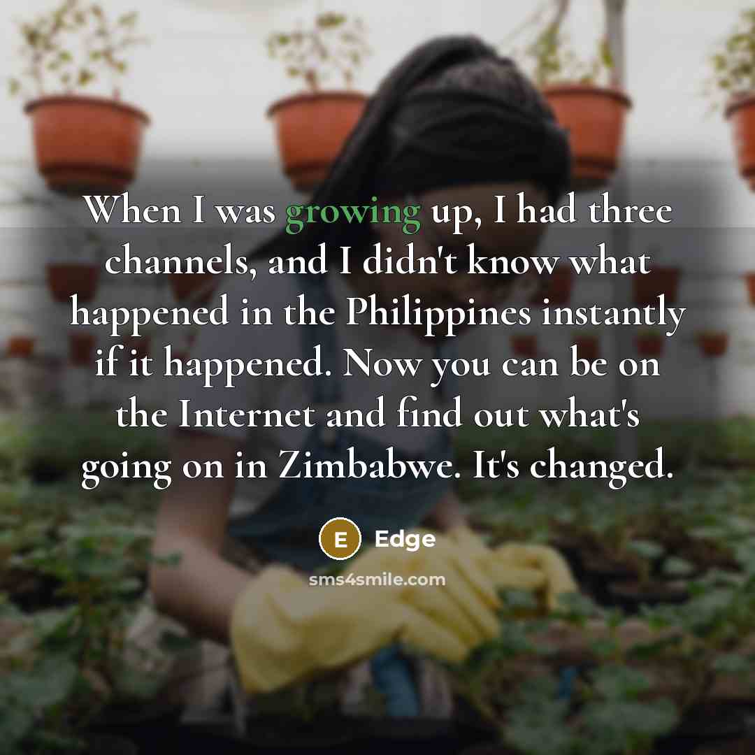 “When I was growing up, I had three channels, and I didn't know what happened in the Philippines instantly if it happened. Now you can be on the Internet and find out what's going on in Zimbabwe. It's changed.” quote by Edge
