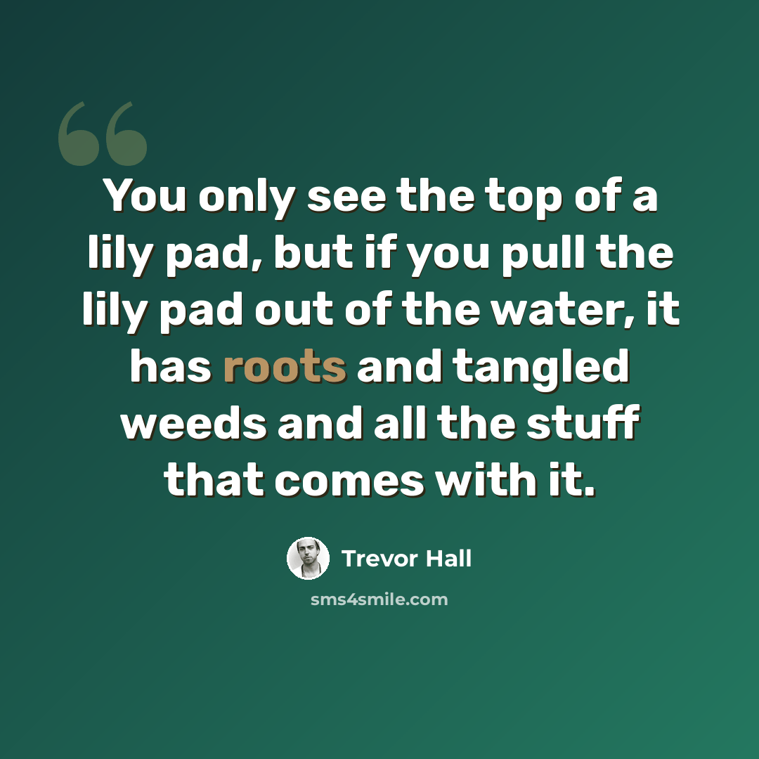 “You only see the top of a lily pad, but if you pull the lily pad out of the water, it has roots and tangled weeds and all the stuff that comes with it.” quote by Trevor Hall