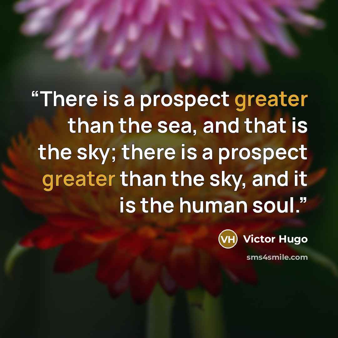 “There is a prospect greater than the sea, and that is the sky; there is a prospect greater than the sky, and it is the human soul.” quote by Victor Hugo