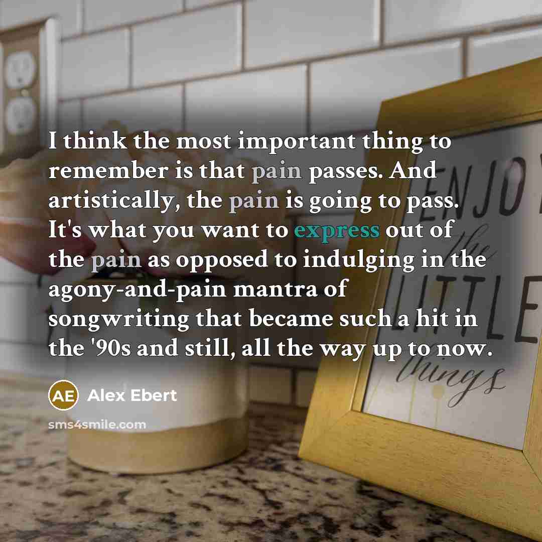 “I think the most important thing to remember is that pain passes. And artistically, the pain is going to pass. It's what you want to express out of the pain as opposed to indulging in the agony-and-pain mantra of songwriting that became such a hit in the '90s and still, all the way up to now.” quote by Alex Ebert
