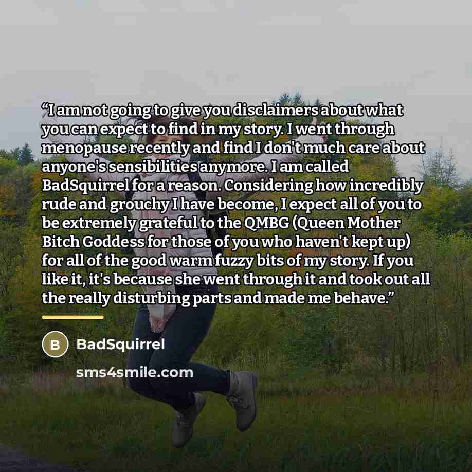 “I am not going to give you disclaimers about what you can expect to find in my story. I went through menopause recently and find I don't much care about anyone's sensibilities anymore. I am called BadSquirrel for a reason. Considering how incredibly rude and grouchy I have become, I expect all of…” quote by BadSquirrel