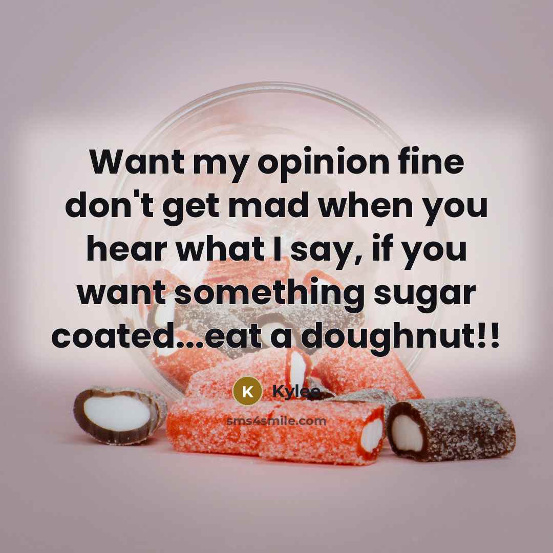 “Want my opinion fine don't get mad when you hear what I say, if you want something sugar coated...eat a doughnut!!” quote by Kylee