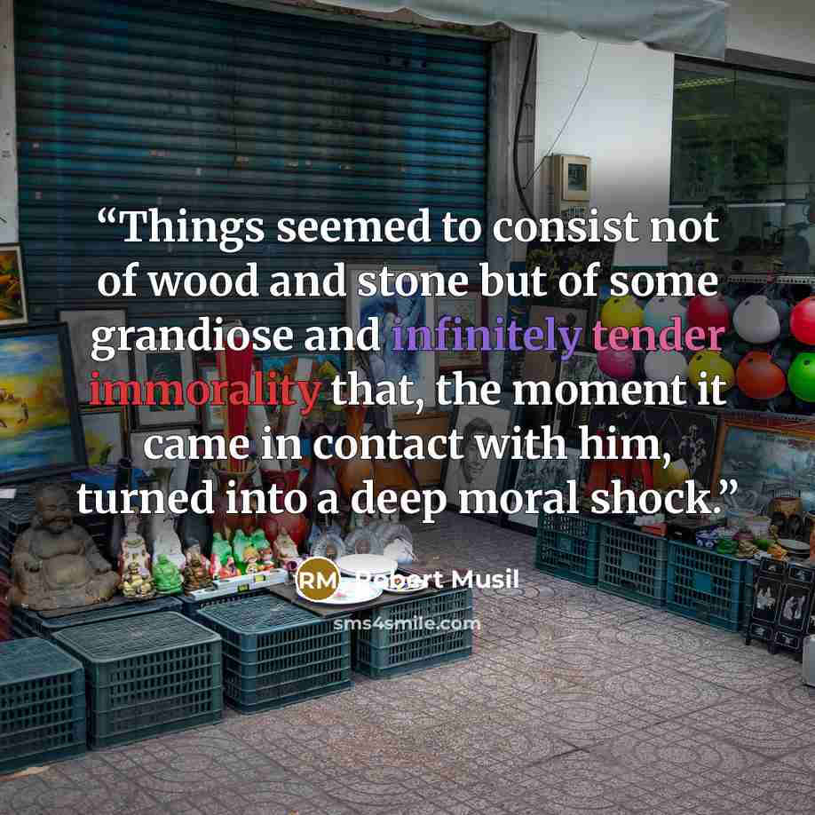 “Things seemed to consist not of wood and stone but of some grandiose and infinitely tender immorality that, the moment it came in contact with him, turned into a deep moral shock.” quote by Robert Musil