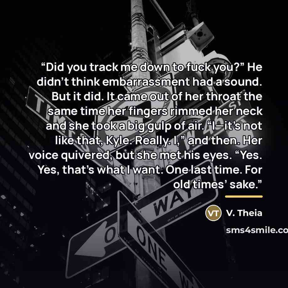 “Did you track me down to fuck you?” He didn’t think embarrassment had a sound. But it did. It came out of her throat the same time her fingers rimmed her neck and she took a big gulp of air. “I—it’s not like that, Kyle. Really. I,” and then. Her voice quivered, but she met his eyes. “Yes. Yes…” quote by V. Theia