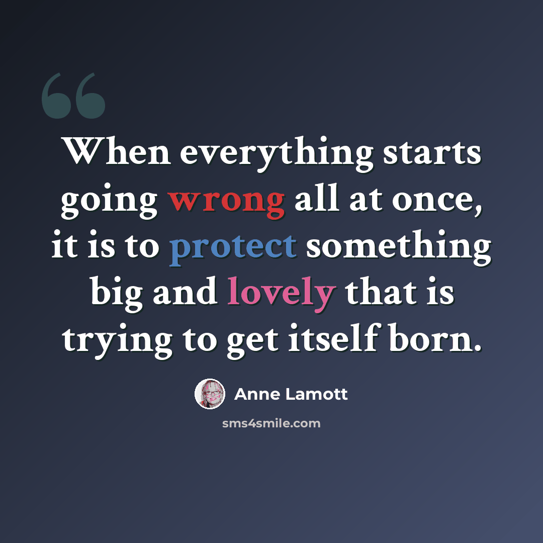 “When everything starts going wrong all at once, it is to protect something big and lovely that is trying to get itself born.” quote by Anne Lamott