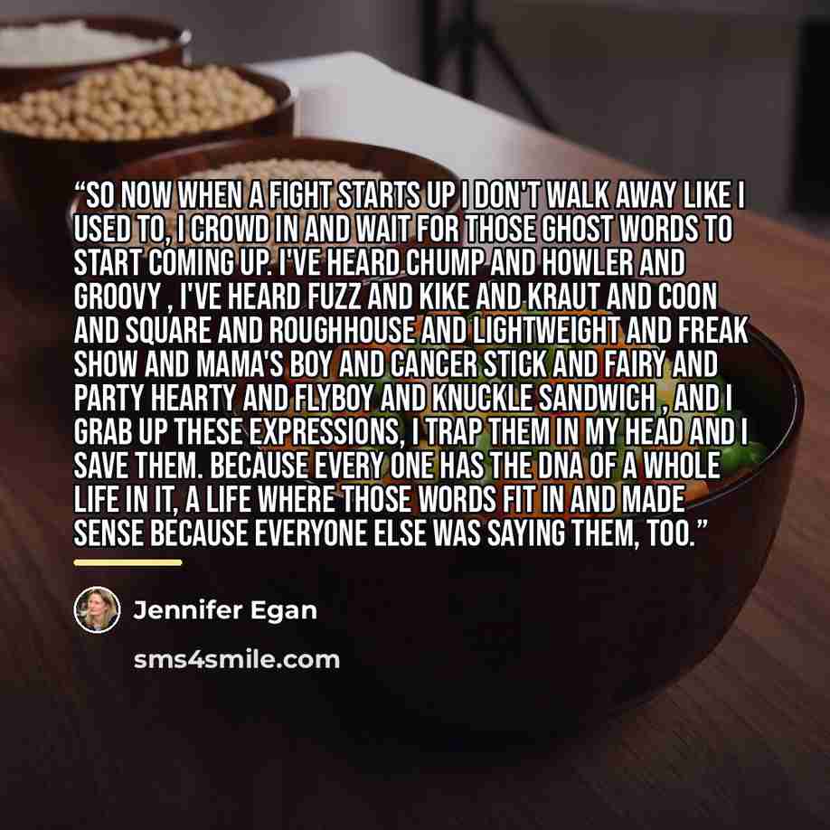 “So now when a fight starts up I don't walk away like I used to, I crowd in and wait for those ghost words to start coming up. I've heard chump and howler and groovy , I've heard fuzz and kike and kraut and coon and square and roughhouse and lightweight and freak show and mama's boy and cancer…” quote by Jennifer Egan