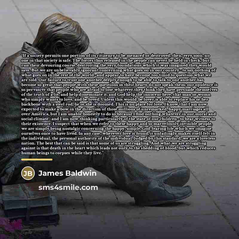 “If a society permits one portion of its citizenry to be menaced or destroyed, then, very soon, no one in that society is safe. The forces thus released in the people can never be held in check, but run their devouring course, destroying the very foundations which it was imagined they would save…” quote by James Baldwin