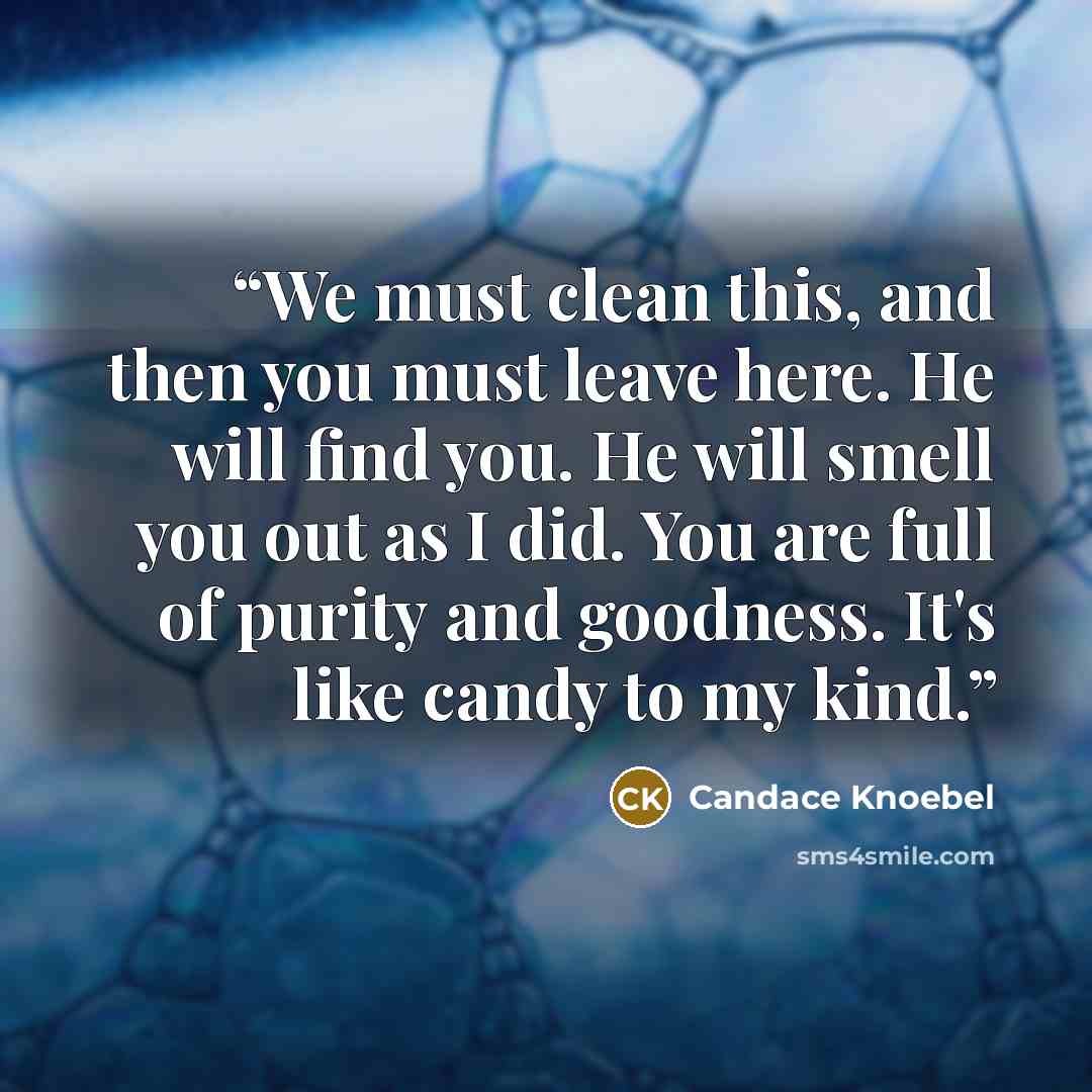 “We must clean this, and then you must leave here. He will find you. He will smell you out as I did. You are full of purity and goodness. It's like candy to my kind.” quote by Candace Knoebel