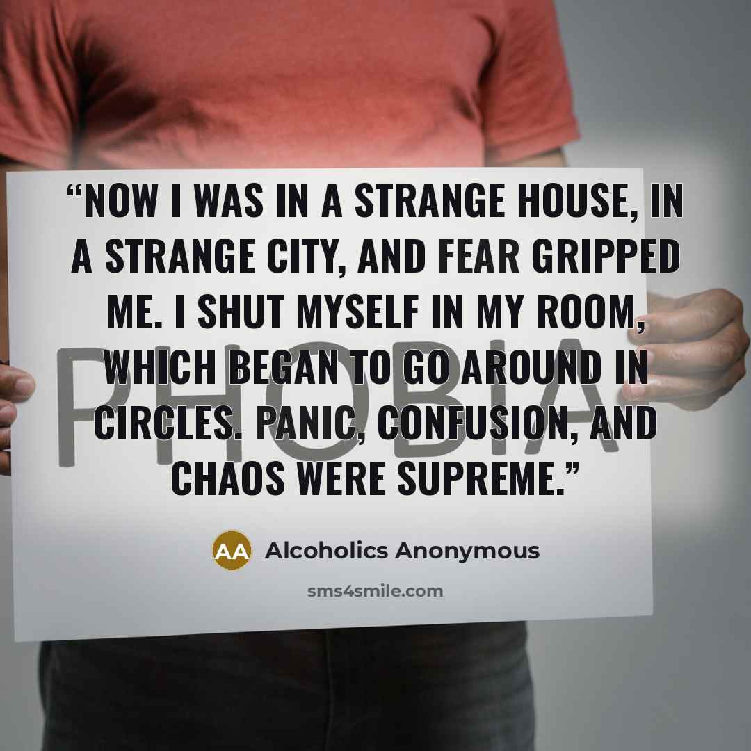 “Now I was in a strange house, in a strange city, and fear gripped me. I shut myself in my room, which began to go around in circles. Panic, confusion, and chaos were supreme.” quote by Alcoholics Anonymous