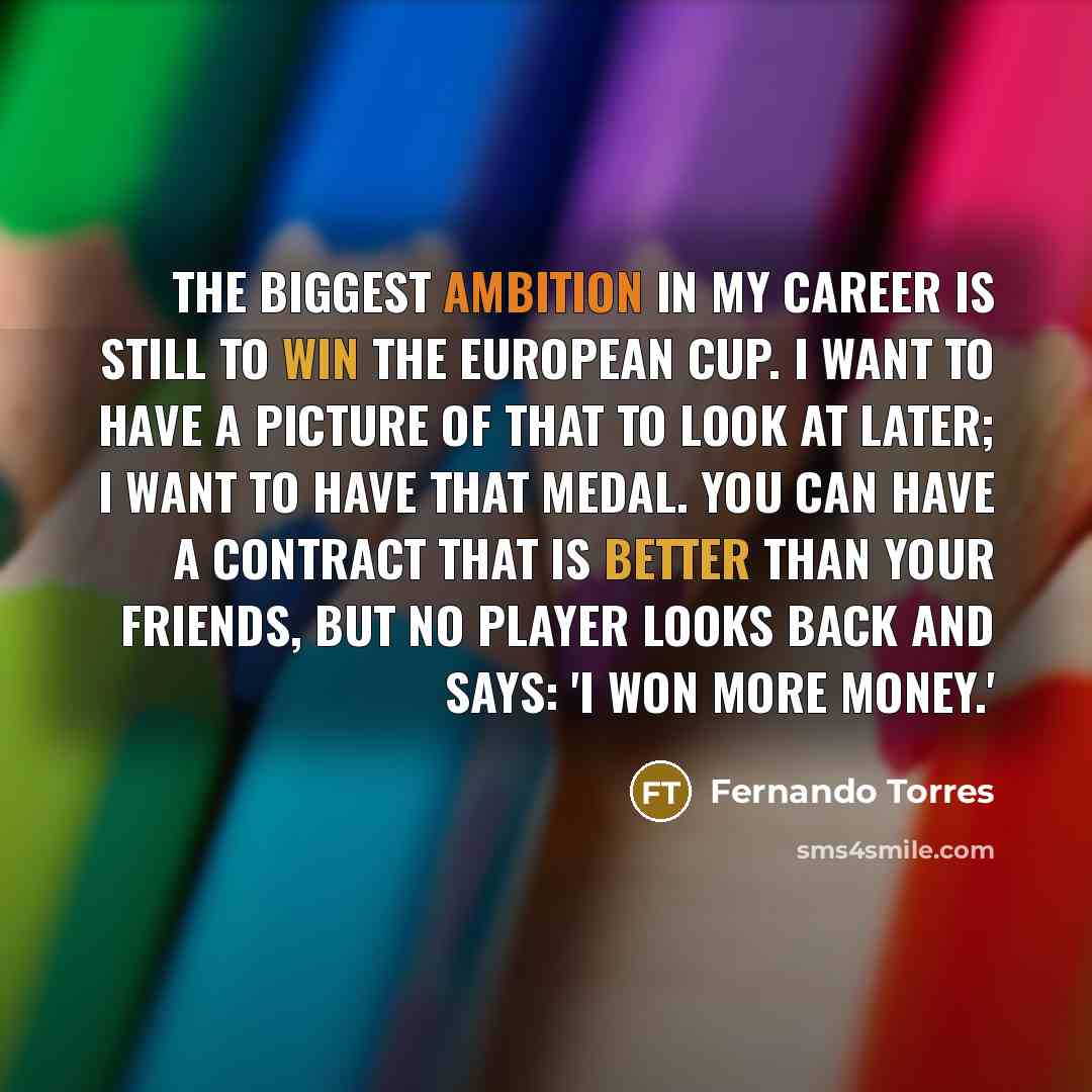 “The biggest ambition in my career is still to win the European Cup. I want to have a picture of that to look at later; I want to have that medal. You can have a contract that is better than your friends, but no player looks back and says: 'I won more money.'” quote by Fernando Torres