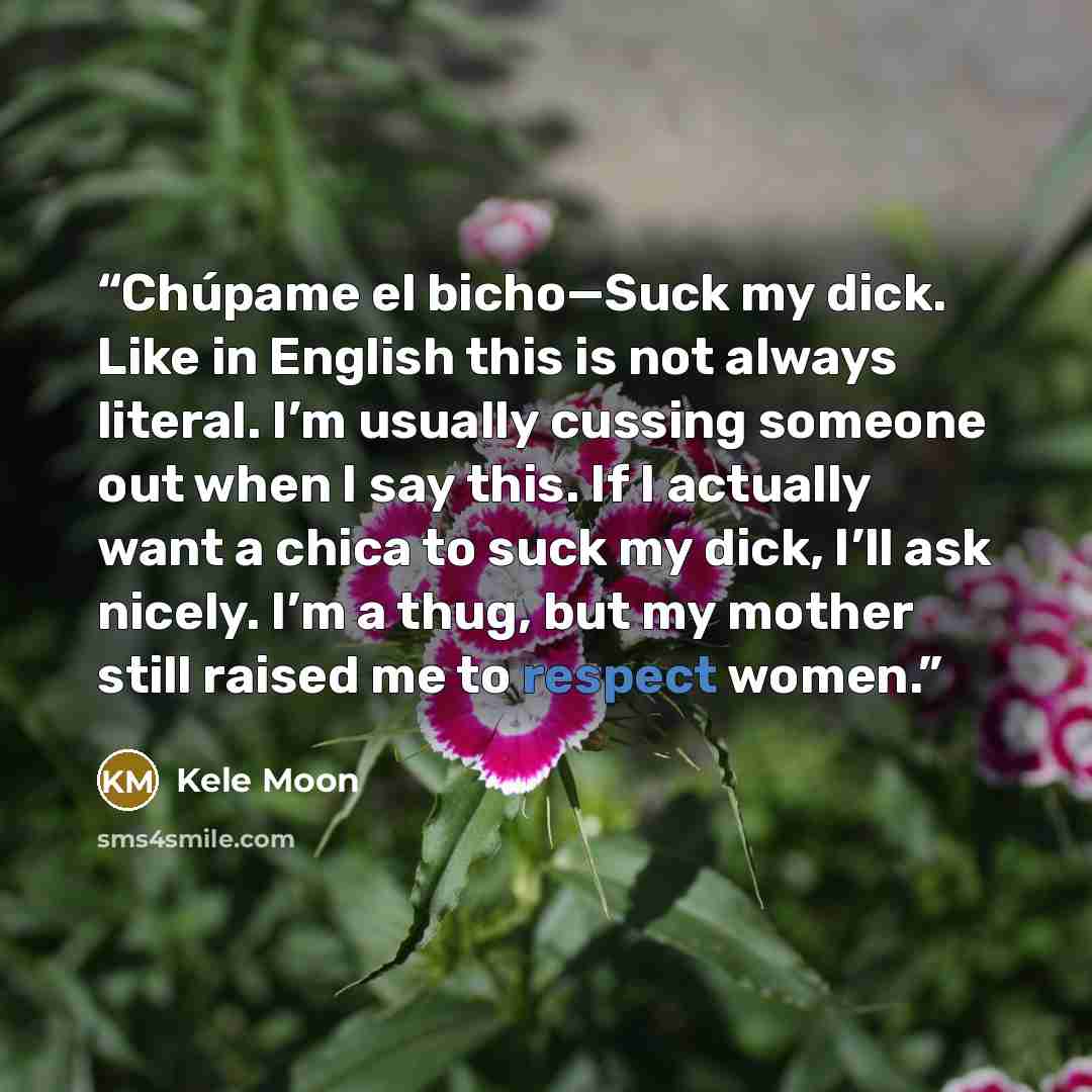 “Chúpame el bicho—Suck my dick. Like in English this is not always literal. I’m usually cussing someone out when I say this. If I actually want a chica to suck my dick, I’ll ask nicely. I’m a thug, but my mother still raised me to respect women.” quote by Kele Moon