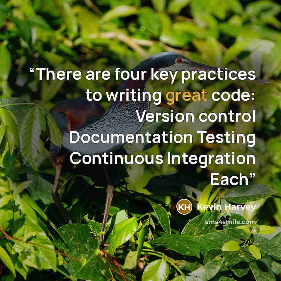 “There are four key practices to writing great code: Version control Documentation Testing Continuous Integration Each” quote by Kevin Harvey