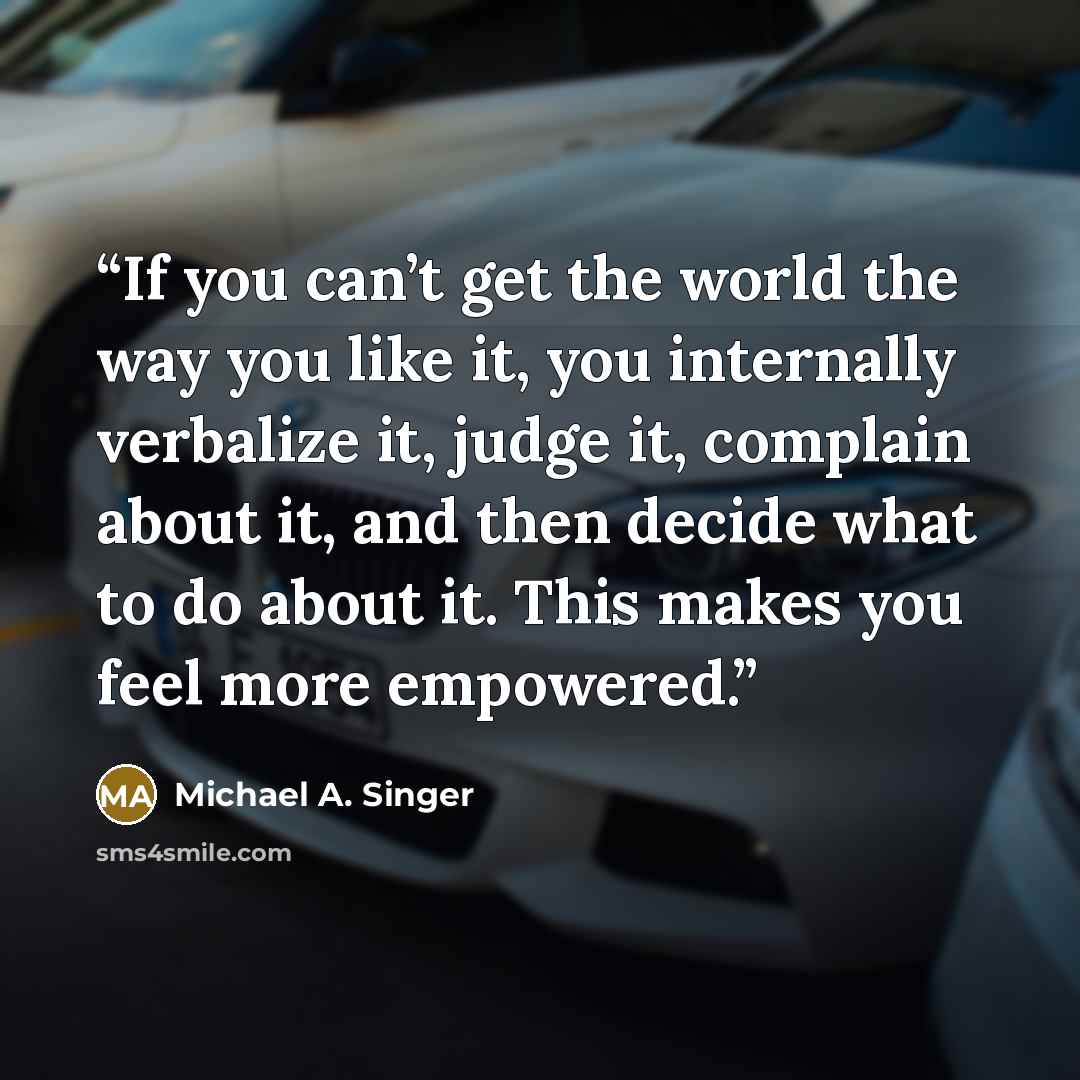 “If you can’t get the world the way you like it, you internally verbalize it, judge it, complain about it, and then decide what to do about it. This makes you feel more empowered.” quote by Michael A. Singer