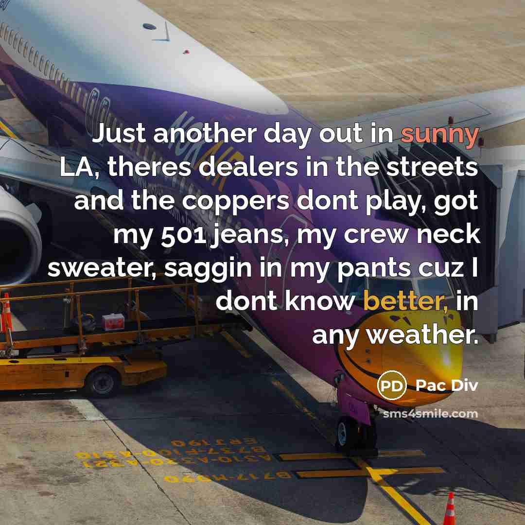 “Just another day out in sunny LA, theres dealers in the streets and the coppers dont play, got my 501 jeans, my crew neck sweater, saggin in my pants cuz I dont know better, in any weather.” quote by Pac Div