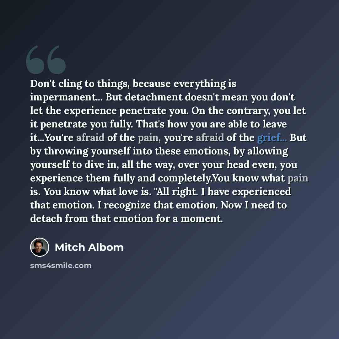 “Don't cling to things, because everything is impermanent... But detachment doesn't mean you don't let the experience penetrate you. On the contrary, you let it penetrate you fully. That's how you are able to leave it...You're afraid of the pain, you're afraid of the grief... But by throwing…” quote by Mitch Albom