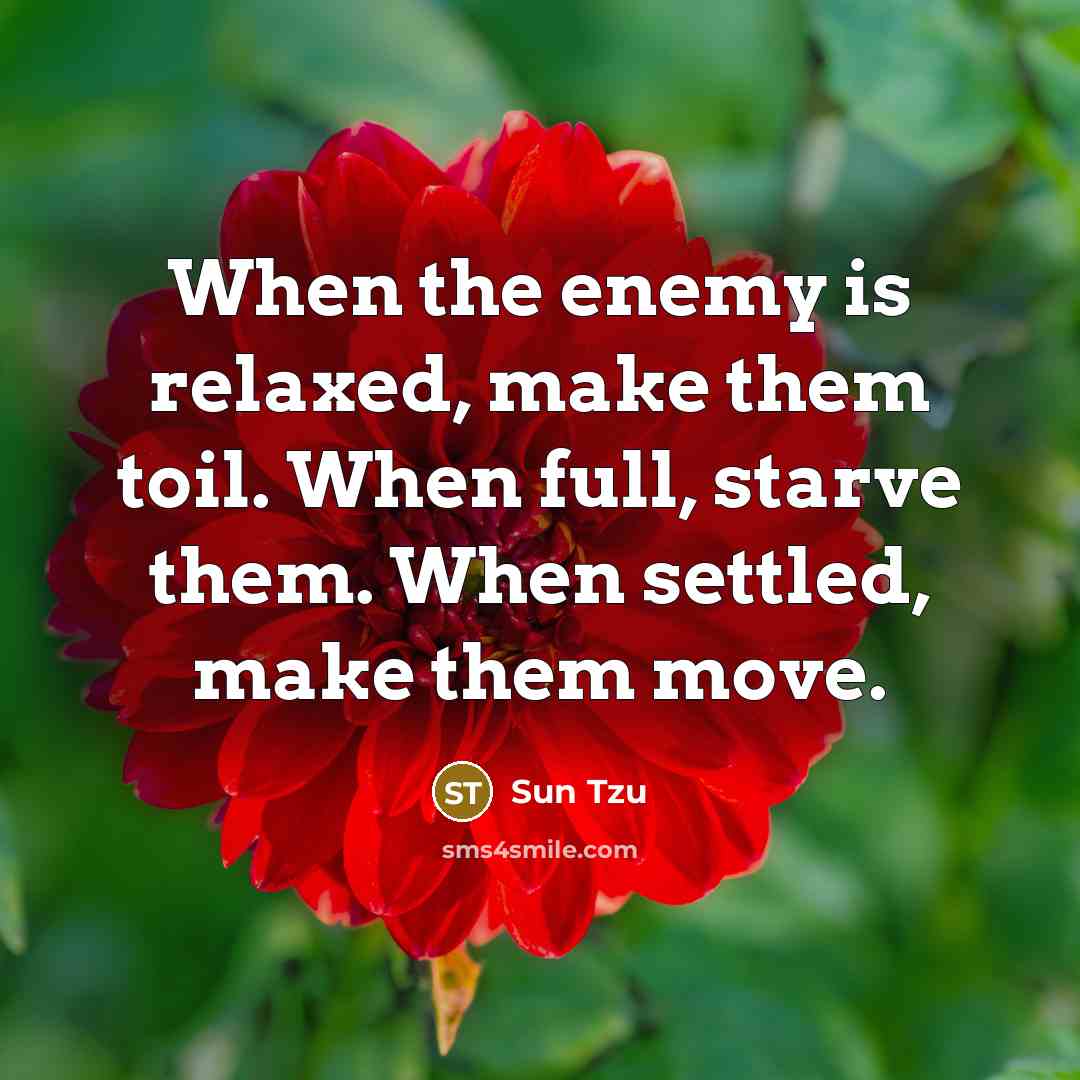 “When the enemy is relaxed, make them toil. When full, starve them. When settled, make them move.” quote by Sun Tzu