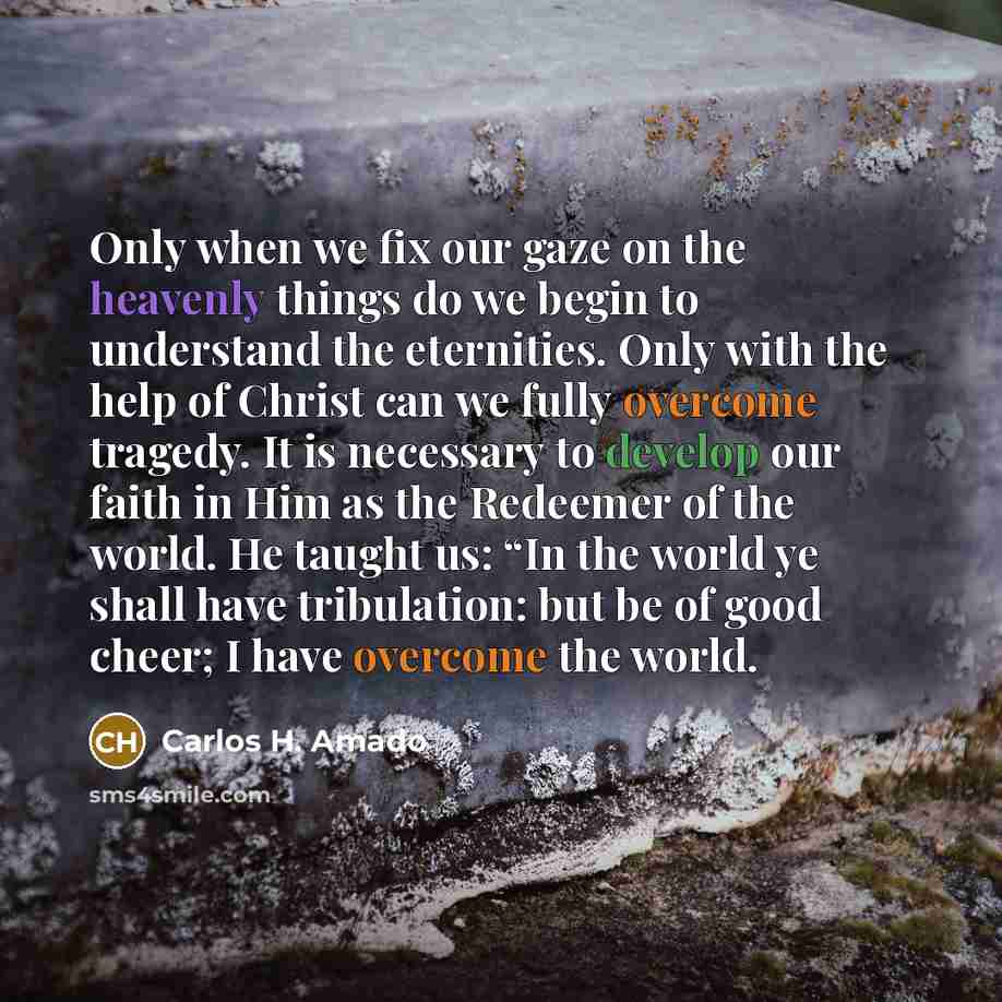 “Only when we fix our gaze on the heavenly things do we begin to understand the eternities. Only with the help of Christ can we fully overcome tragedy. It is necessary to develop our faith in Him as the Redeemer of the world. He taught us: “In the world ye shall have tribulation: but be of good…” quote by Carlos H. Amado