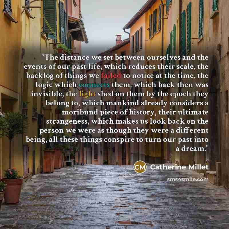“The distance we set between ourselves and the events of our past life, which reduces their scale, the backlog of things we failed to notice at the time, the logic which connects them, which back then was invisible, the light shed on them by the epoch they belong to, which mankind already considers…” quote by Catherine Millet