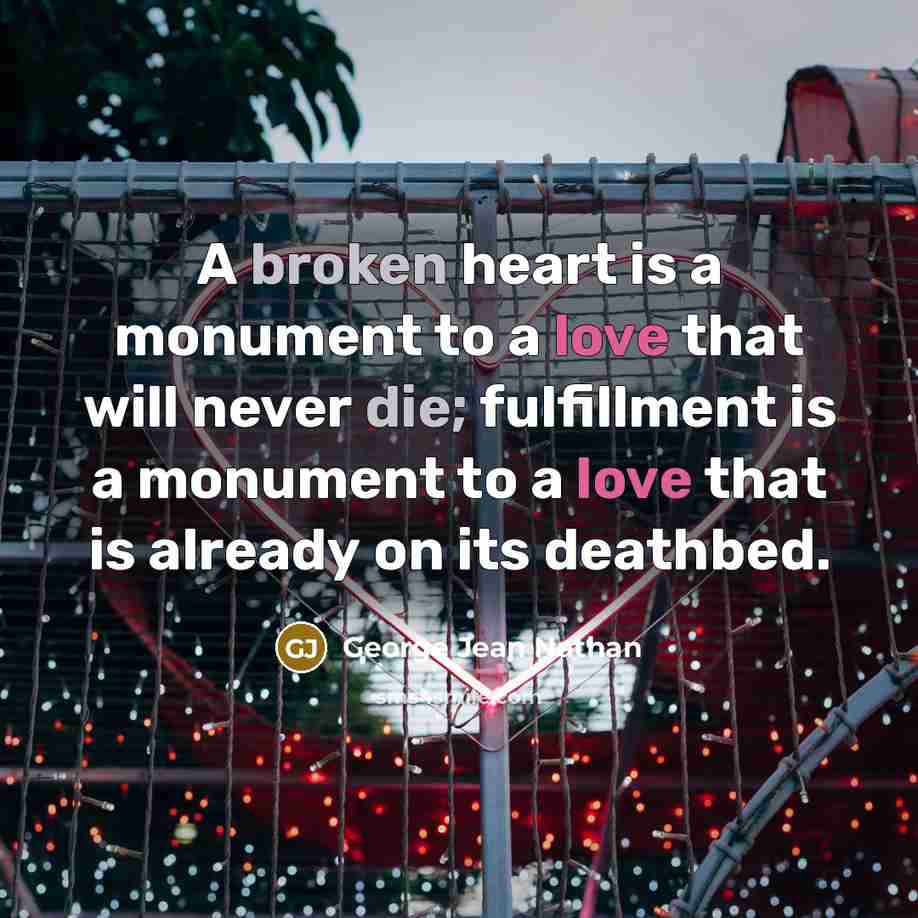 “A broken heart is a monument to a love that will never die; fulfillment is a monument to a love that is already on its deathbed.” quote by George Jean Nathan