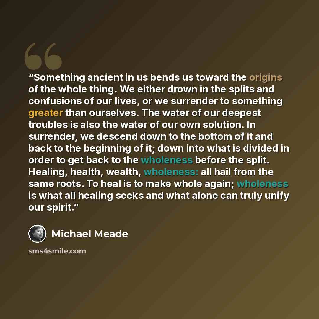 “Something ancient in us bends us toward the origins of the whole thing. We either drown in the splits and confusions of our lives, or we surrender to something greater than ourselves. The water of our deepest troubles is also the water of our own solution. In surrender, we descend down to the…” quote by Michael Meade