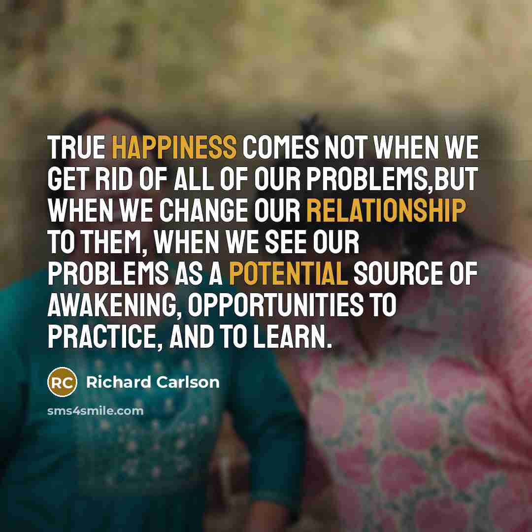 “True happiness comes not when we get rid of all of our problems,but when we change our relationship to them, when we see our problems as a potential source of awakening, opportunities to practice, and to learn.” quote by Richard Carlson