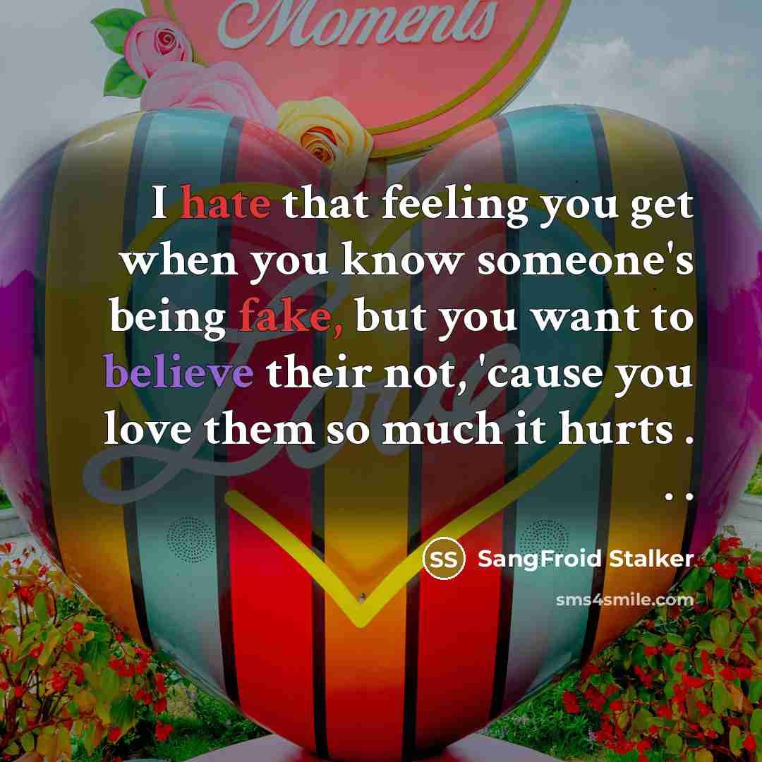 “I hate that feeling you get when you know someone's being fake, but you want to believe their not, 'cause you love them so much it hurts . . .” quote by SangFroid Stalker