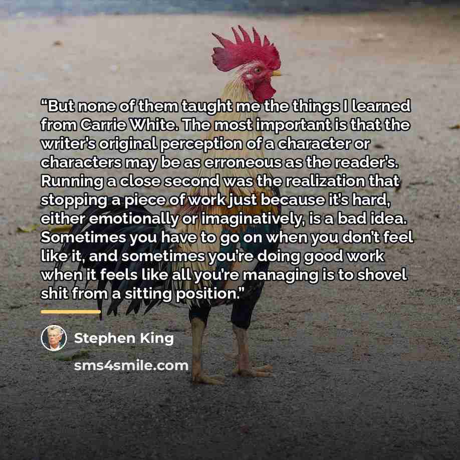 “But none of them taught me the things I learned from Carrie White. The most important is that the writer’s original perception of a character or characters may be as erroneous as the reader’s. Running a close second was the realization that stopping a piece of work just because it’s hard, either…” quote by Stephen King