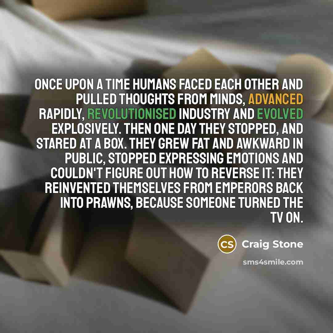 “Once upon a time humans faced each other and pulled thoughts from minds, advanced rapidly, revolutionised industry and evolved explosively. Then one day they stopped, and stared at a box. They grew fat and awkward in public, stopped expressing emotions and couldn't figure out how to reverse it…” quote by Craig Stone