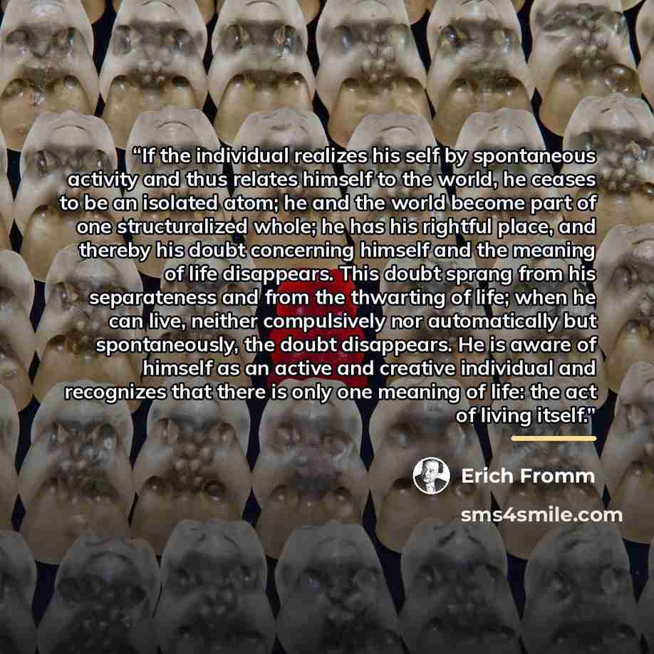 “If the individual realizes his self by spontaneous activity and thus relates himself to the world, he ceases to be an isolated atom; he and the world become part of one structuralized whole; he has his rightful place, and thereby his doubt concerning himself and the meaning of life disappears…” quote by Erich Fromm