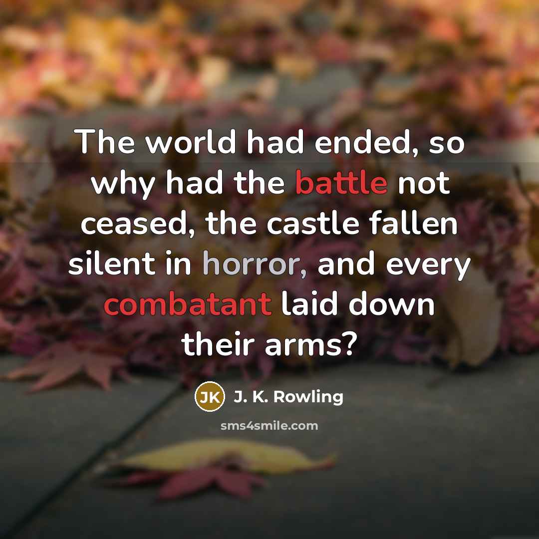 “The world had ended, so why had the battle not ceased, the castle fallen silent in horror, and every combatant laid down their arms?” quote by J. K. Rowling
