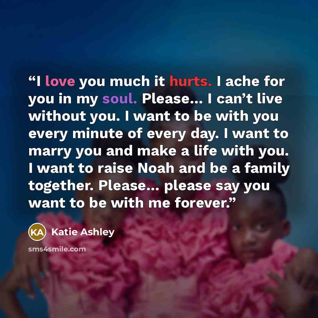 “I love you much it hurts. I ache for you in my soul. Please… I can’t live without you. I want to be with you every minute of every day. I want to marry you and make a life with you. I want to raise Noah and be a family together. Please… please say you want to be with me forever.” quote by Katie Ashley