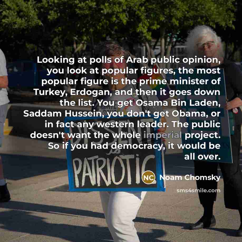 “Looking at polls of Arab public opinion, you look at popular figures, the most popular figure is the prime minister of Turkey, Erdogan, and then it goes down the list. You get Osama Bin Laden, Saddam Hussein, you don't get Obama, or in fact any western leader. The public doesn't want the whole…” quote by Noam Chomsky