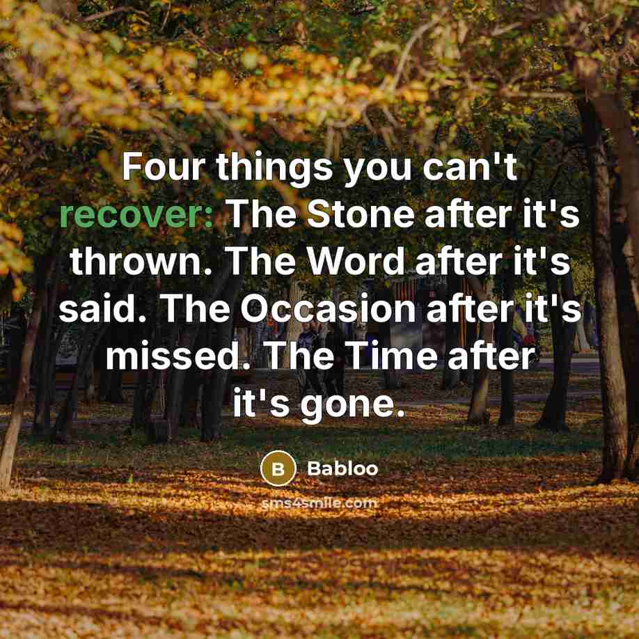 “Four things you can't recover: The Stone after it's thrown. The Word after it's said. The Occasion after it's missed. The Time after it's gone.” quote by Babloo