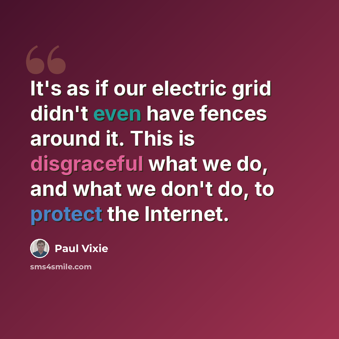 “It's as if our electric grid didn't even have fences around it. This is disgraceful what we do, and what we don't do, to protect the Internet.” quote by Paul Vixie