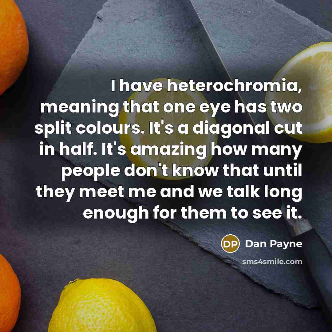 “I have heterochromia, meaning that one eye has two split colours. It's a diagonal cut in half. It's amazing how many people don't know that until they meet me and we talk long enough for them to see it.” quote by Dan Payne