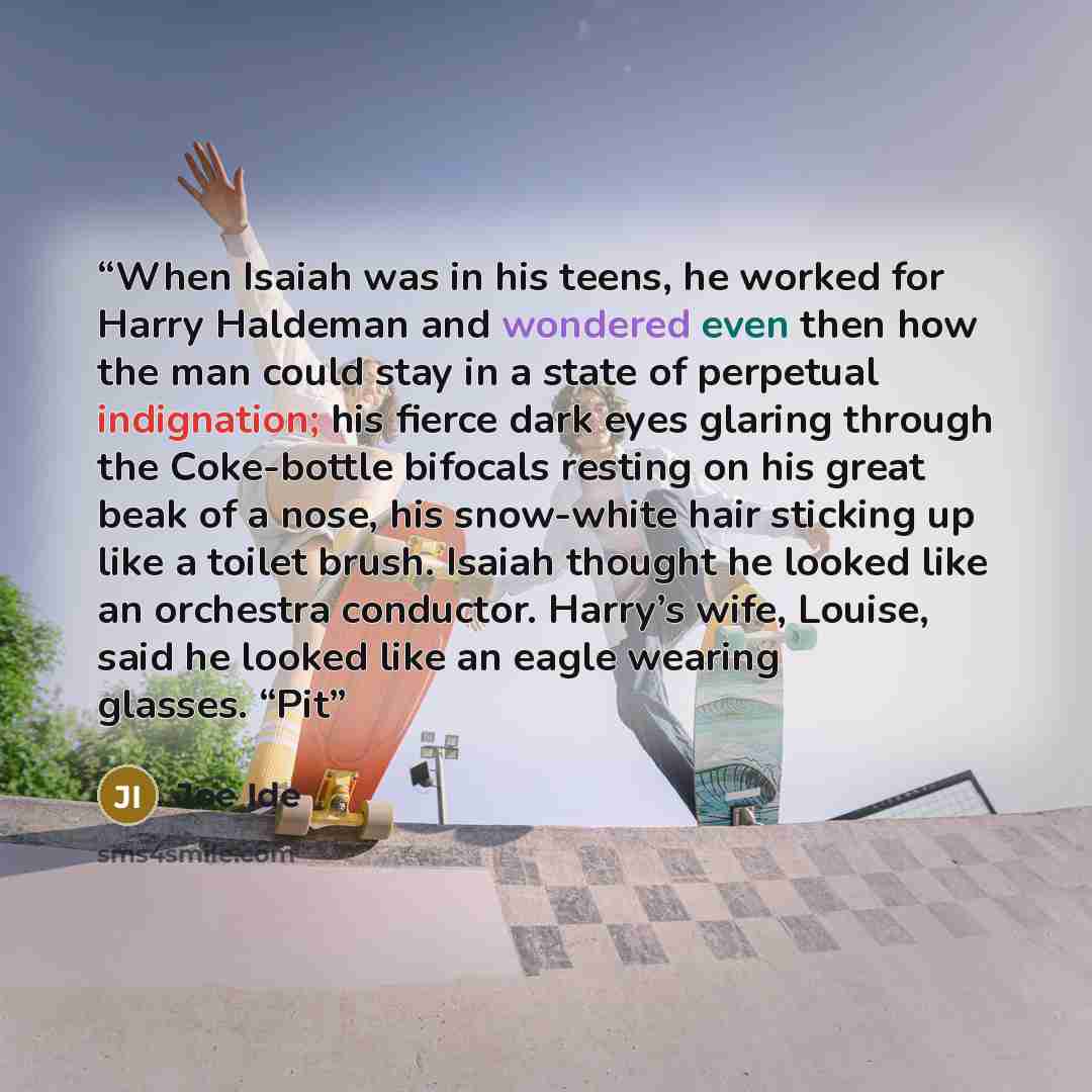 “When Isaiah was in his teens, he worked for Harry Haldeman and wondered even then how the man could stay in a state of perpetual indignation; his fierce dark eyes glaring through the Coke-bottle bifocals resting on his great beak of a nose, his snow-white hair sticking up like a toilet brush…” quote by Joe Ide