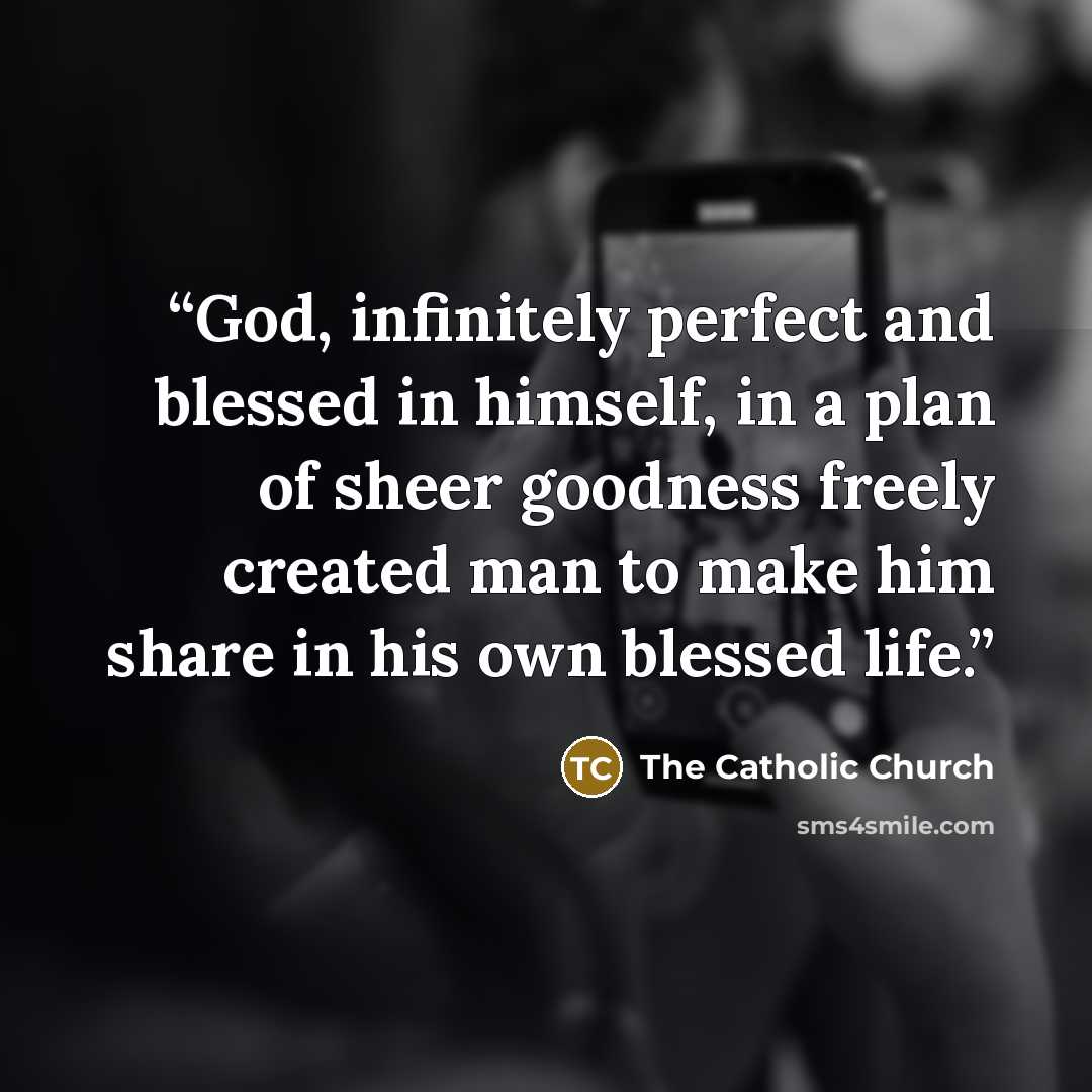 “God, infinitely perfect and blessed in himself, in a plan of sheer goodness freely created man to make him share in his own blessed life.” quote by The Catholic Church