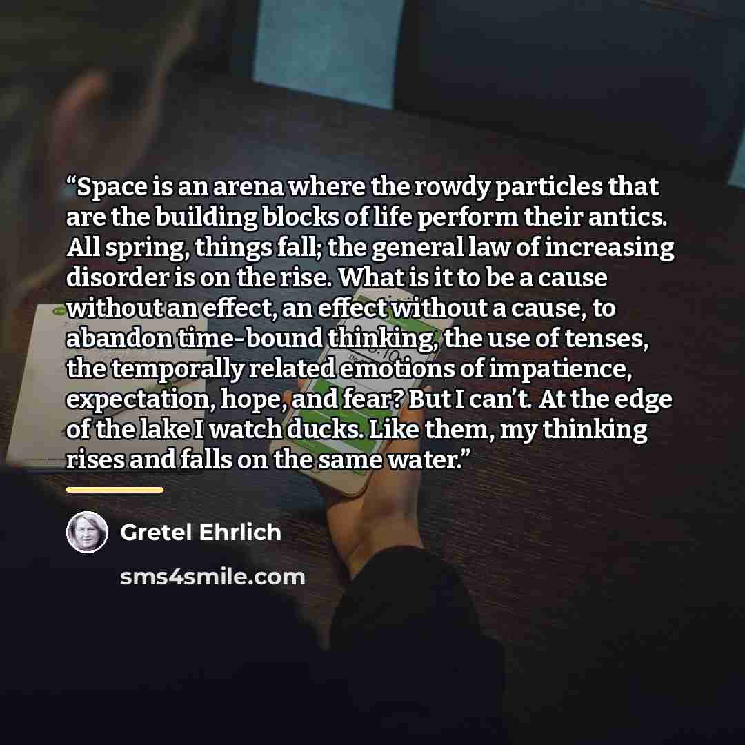 “Space is an arena where the rowdy particles that are the building blocks of life perform their antics. All spring, things fall; the general law of increasing disorder is on the rise. What is it to be a cause without an effect, an effect without a cause, to abandon time-bound thinking, the use of…” quote by Gretel Ehrlich
